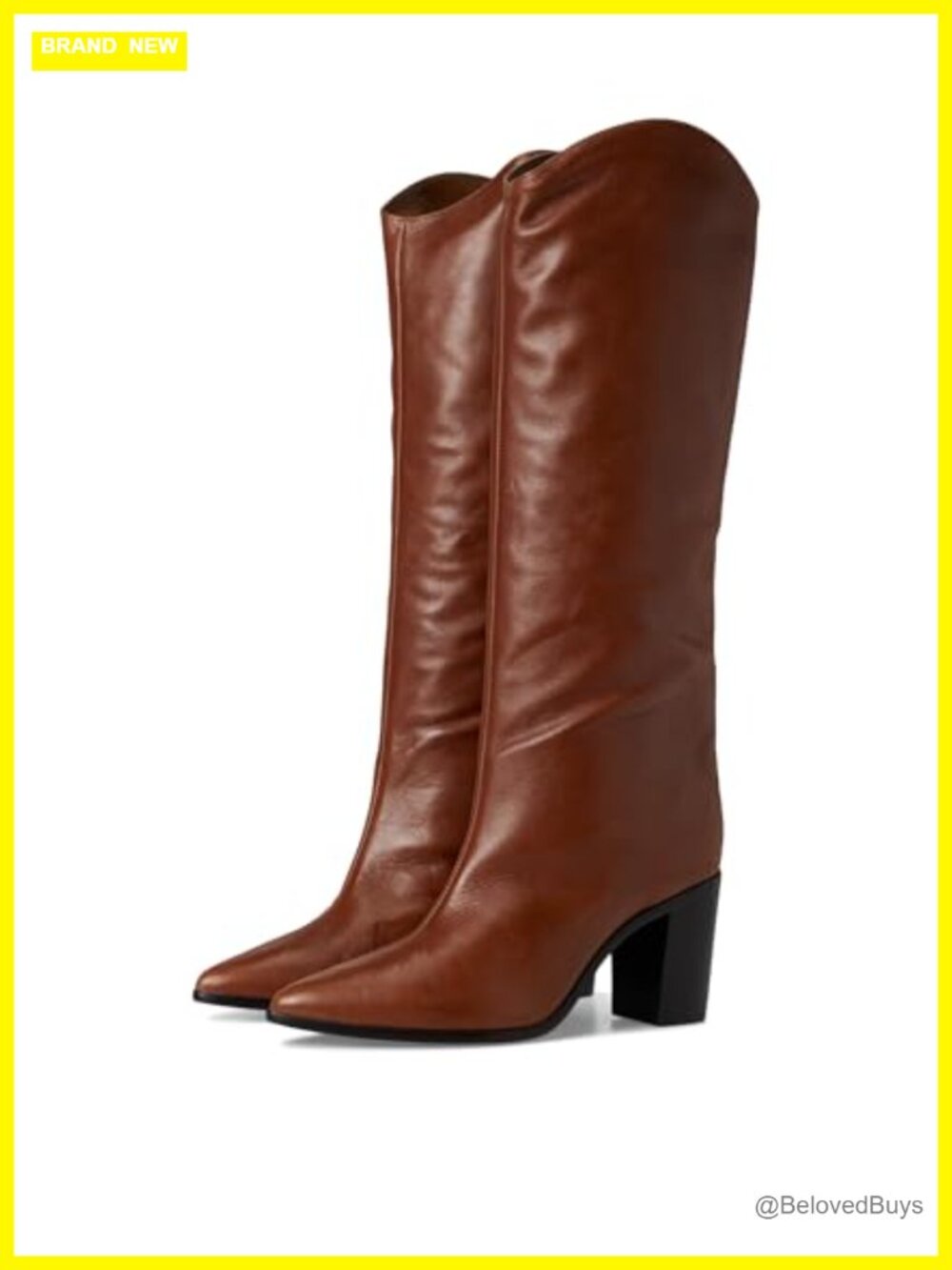 Leather Knee-High Western Boots Pointed Toe Block Heel Equestrian